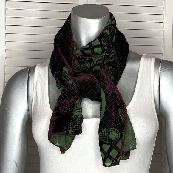 Dana Herbert Dark Purple Green Flocked Velvet Geometric Baroque Print Scarf 60" - Picture 6 of 12
